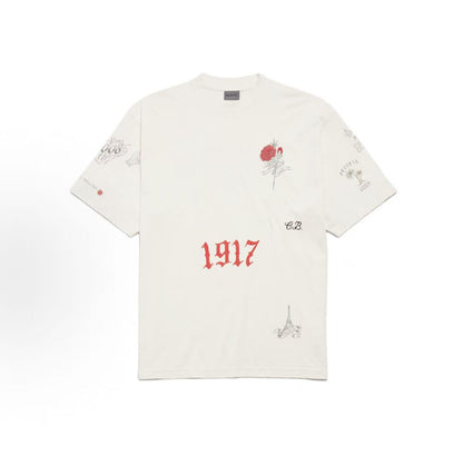 Balenciaga SS26 Tattoo Pattern Quick-Dry Knit Fabric Weathered Detail Round Neck T-Shirt Regular Fit Men's Style
