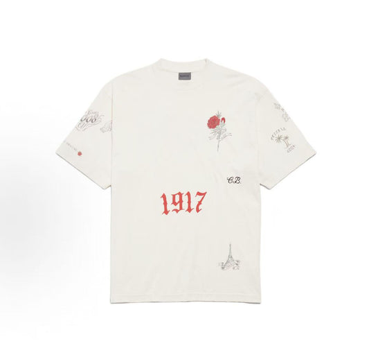 Balenciaga SS26 Tattoo Pattern Quick-Dry Knit Fabric Weathered Detail Round Neck T-Shirt Regular Fit Men's Style