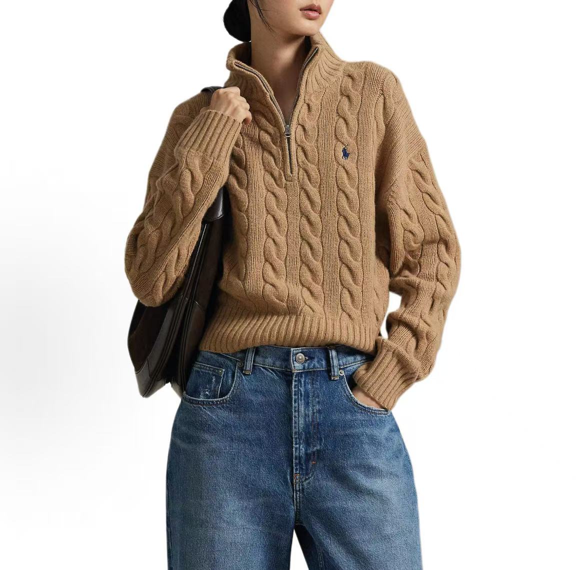 Ralph Lauren Petite Spurs Embroidery Solid Wool and Cashmere Blend Plaid Wrapped Buttoned Half-Zip High Neck Pullover Long Sleeve Ribbed Sleeveless Skirt Coat Sweater Loose Fit Women's Size Camel Color