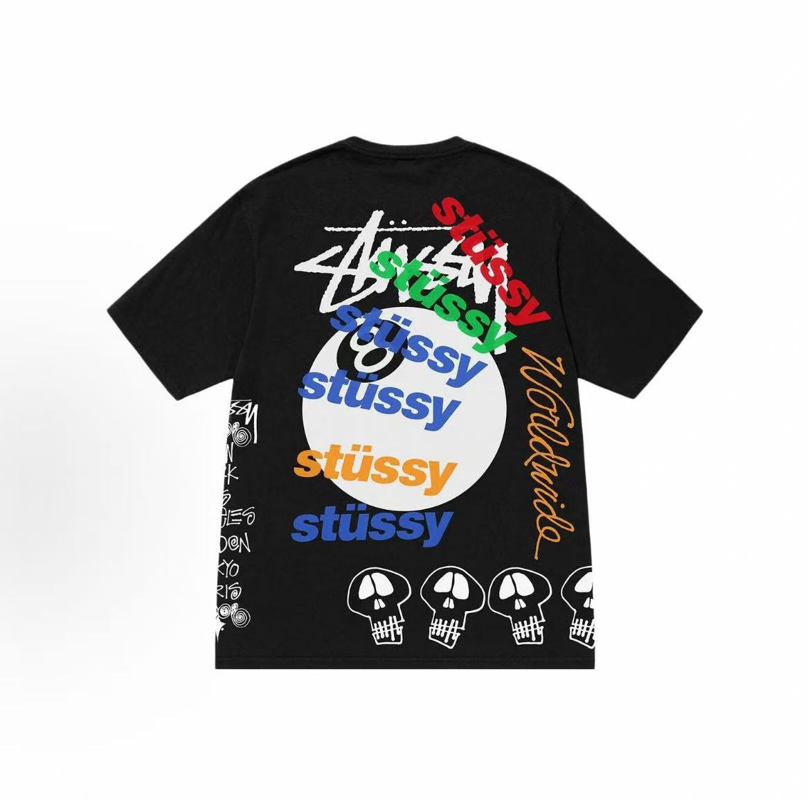 Stussy SS23 Test Strike Pigment Dyed Tee - 8 Ball Series of Summer Collection - Black 8 Logo Letter Print Loose Short-Sleeved American Retro T-Shirt - The same style for both men and women