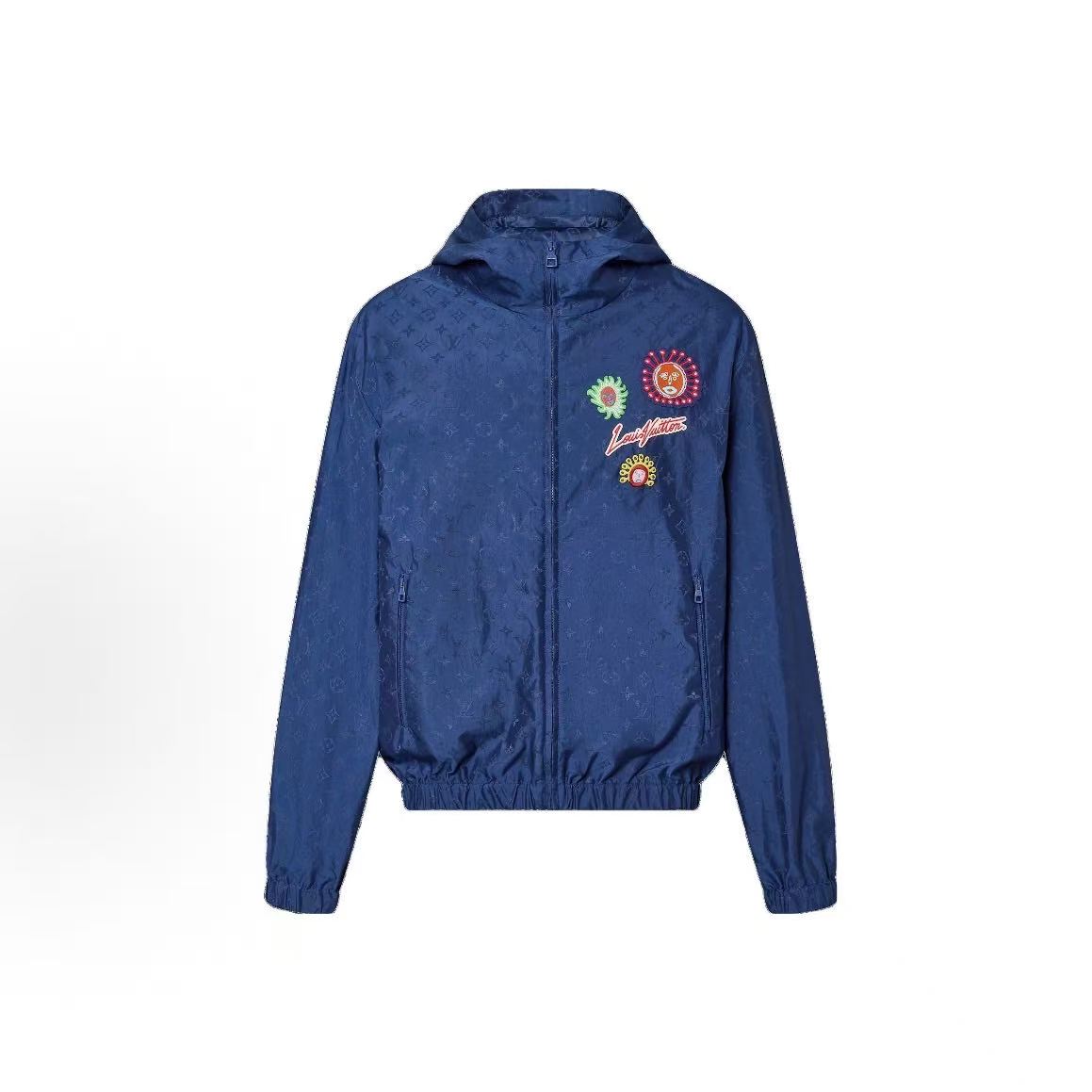 Louis Vuitton × Yayoi Kusama SS23 Men's Blue Windbreaker Jacket with Embroidered All-Over Cartoon Letter Pattern