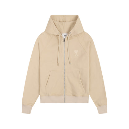 AMI Classic Zipper Logo Hooded Sweater Cream