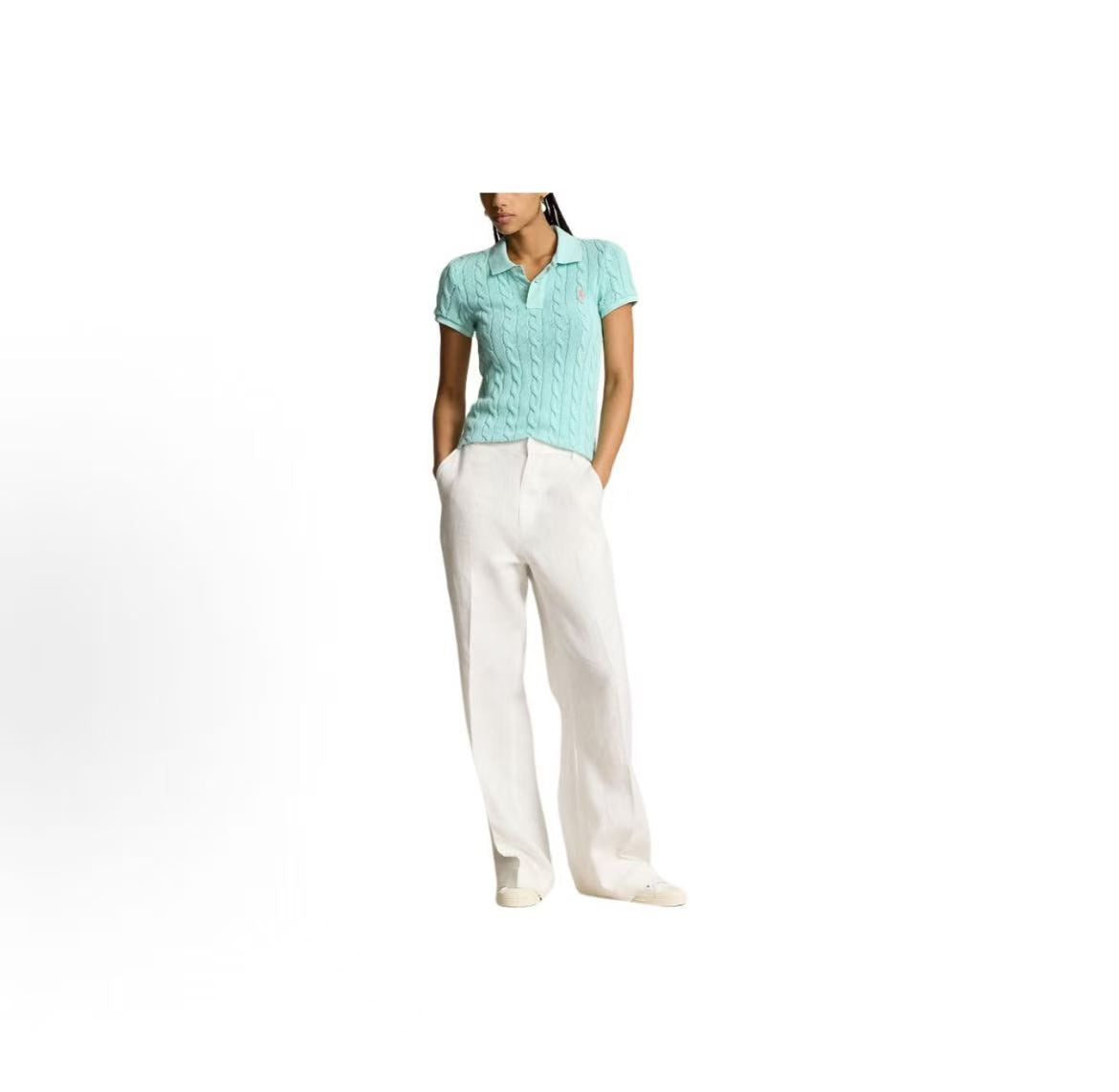 Ralph Lauren SS24 Solid-color Cotton Twill Plaid Pullover with Buttoned Short Sleeves and Ribbed Collar - Knitted Shirt - Form-fitting Style - Women's - Green