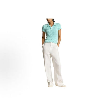 Ralph Lauren SS24 Solid-color Cotton Twill Plaid Pullover with Buttoned Short Sleeves and Ribbed Collar - Knitted Shirt - Form-fitting Style - Women's - Green