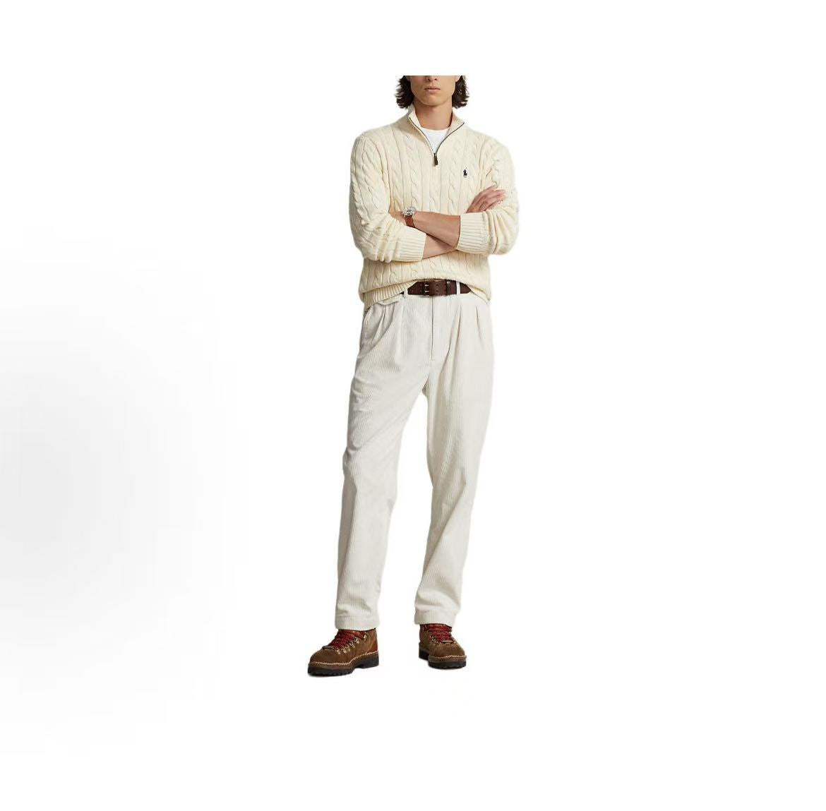 Ralph Lauren Petite Spurs Embroidered Solid Twill Knotted Cotton Half-Collar Quarter-Zip Pullover Long Sleeve Ribbed Hem Men's Sweater Standard Fit