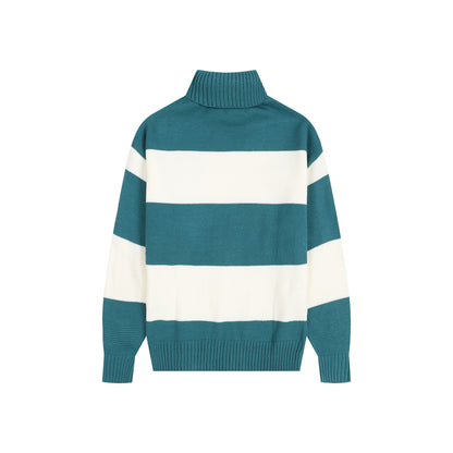 AMI Big Logo Turtleneck Stripe Sweater Cream/Blue