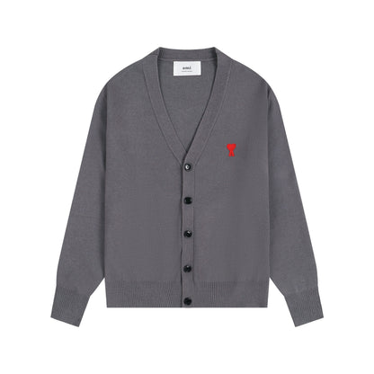 AMI Small Logo V-neck Button Sweater Grey
