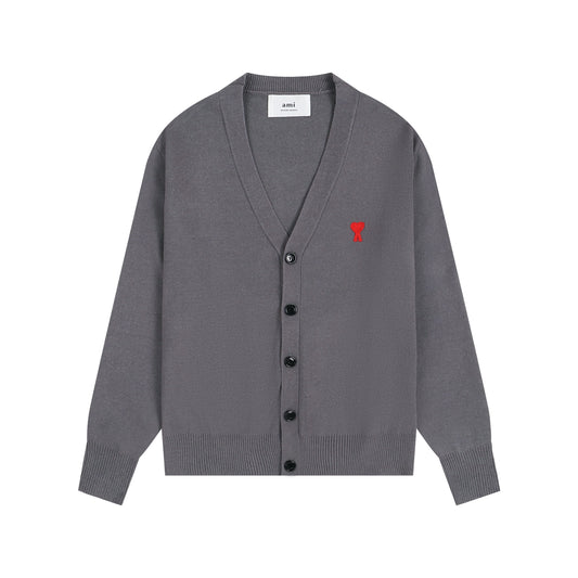 AMI Small Logo V-neck Button Sweater Grey