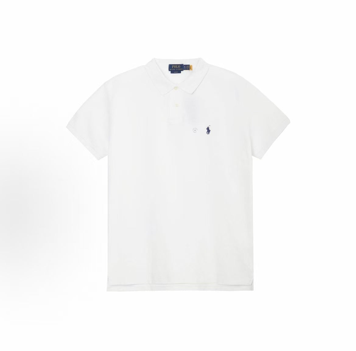 Ralph Lauren Petite Spurs Embroidered Solid Washed Cotton Mesh Double-Button Pullover Short-Sleeve Ribbed Sleeve Capri Polo Shirt, Wavy Hair, Men's Style, White