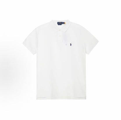 Ralph Lauren Petite Spurs Embroidered Solid Washed Cotton Mesh Double-Button Pullover Short-Sleeve Ribbed Sleeve Capri Polo Shirt, Wavy Hair, Men's Style, White