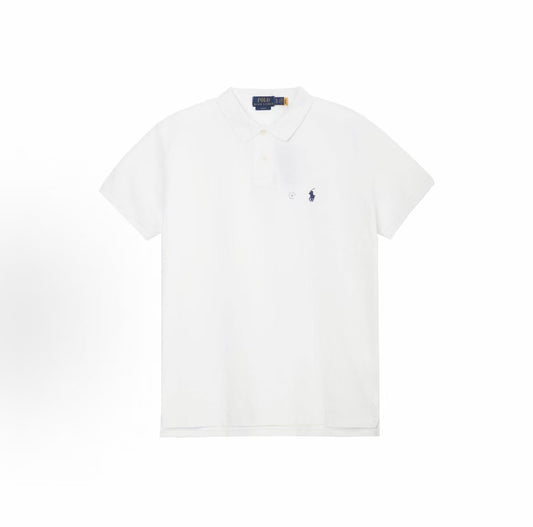 Ralph Lauren Petite Spurs Embroidered Solid Washed Cotton Mesh Double-Button Pullover Short-Sleeve Ribbed Sleeve Capri Polo Shirt, Wavy Hair, Men's Style, White