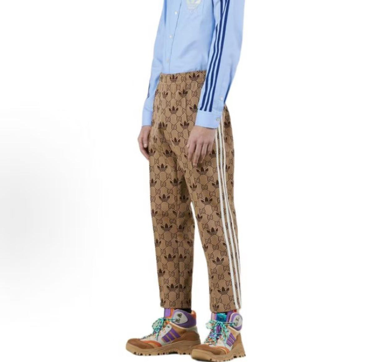 GUCCI x adidas originals - Adidas x Gucci collaboration collection - Letter logo printed stretch pants - Knitted sport pants - Men's style - Brown color