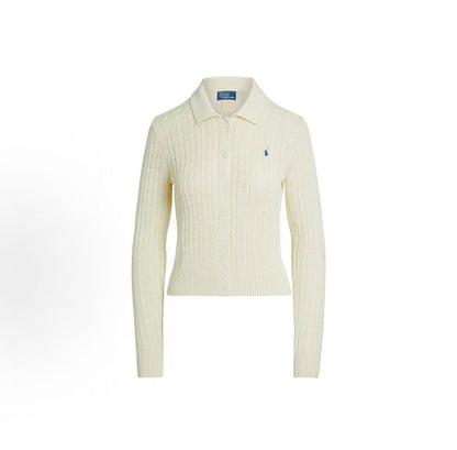 Ralph Lauren FW24 Little Horse Embroidered Logo Pattern Twisted Knitted Cotton Polo Neck Single-Button Long-Sleeved Button-Up Shirt Knit Top Slim Fit Women's Style