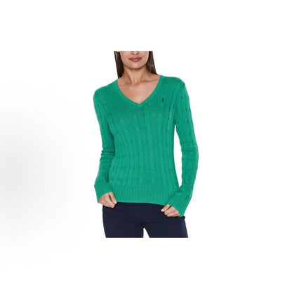 Ralph Lauren SS23 Logo jacquard ribbed V-neck cotton pullover long-sleeve knit top standard size women's green