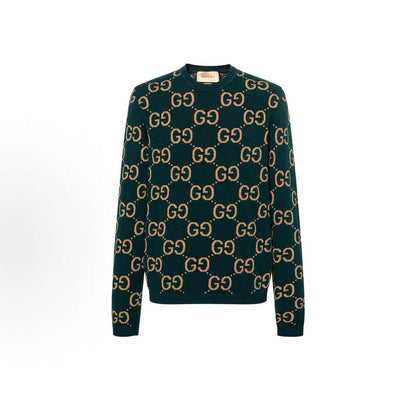 GUCCI GG Lettered Jacquard Round-neck Pullover Long-sleeved Sweater for Men in Green