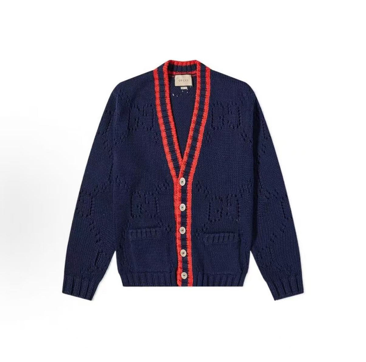 GUCCI 2022 Fall Collection Color-Match V-Neck Single-Button Plaid Long-Sleeved Knit Shirt for Men - Navy Blue