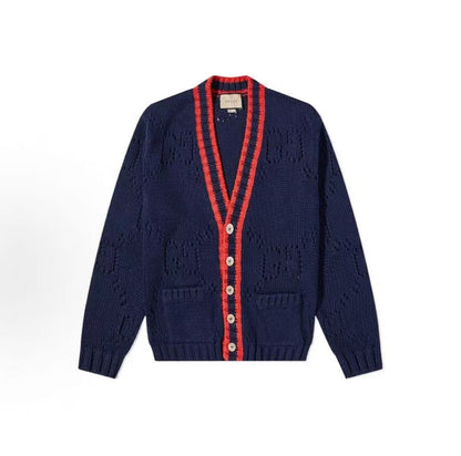 GUCCI 2022 Fall Collection Color-Match V-Neck Single-Button Plaid Long-Sleeved Knit Shirt for Men - Navy Blue