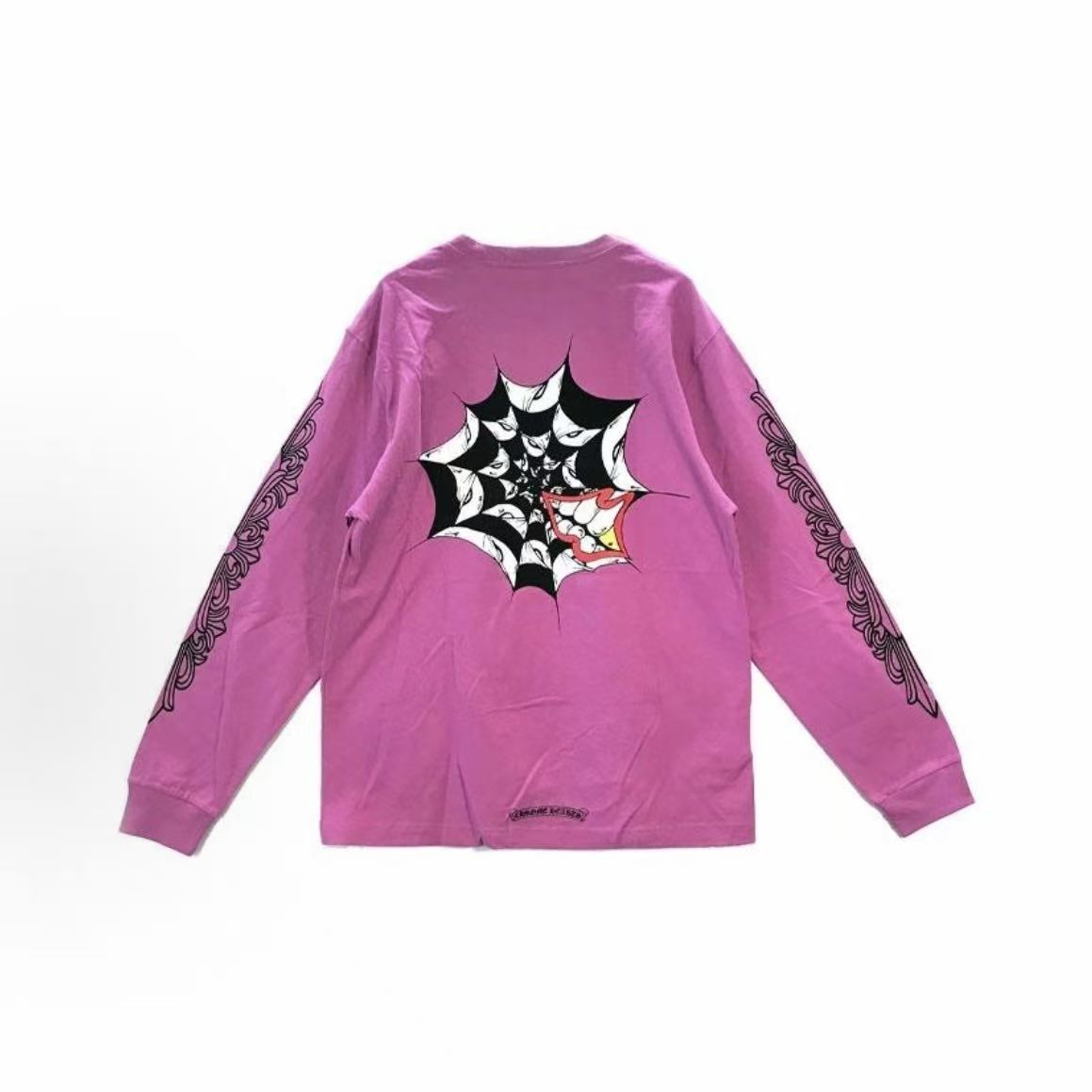 Chrome Hearts Crocin Matty Boy series Logo T-shirt with spider web graffiti on the front. Long-sleeved. Available in both men's and women's sizes. Pink color.