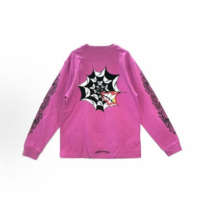 Chrome Hearts Crocin Matty Boy series Logo T-shirt with spider web graffiti on the front. Long-sleeved. Available in both men's and women's sizes. Pink color.