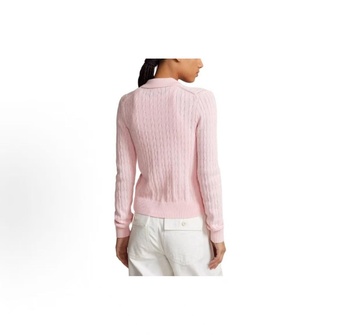 Ralph Lauren SS24 Small Horse Logo Embroidered Twisted Knitted Cotton Polo Neck Single-Button Long-Sleeved Button-Up Shirt - Knit Top - Fitted Style - Women's - Pink