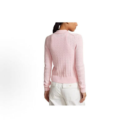 Ralph Lauren SS24 Small Horse Logo Embroidered Twisted Knitted Cotton Polo Neck Single-Button Long-Sleeved Button-Up Shirt - Knit Top - Fitted Style - Women's - Pink