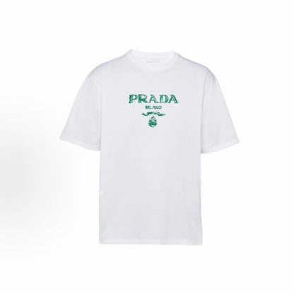 PRADA SS22 Letter Logo Embroidered Round-neck Short-sleeved Loose T-shirt for Men - White