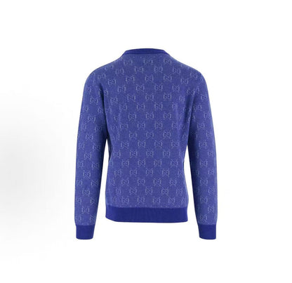 GUCCI 2023 Spring Collection Double G Embroidered Plaid Pullover Sweater - Men's Style - Blue