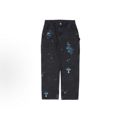 Chrome Hearts Croghan Button Belt Loop Cross-Panel Long Pants for Men and Women (Workwear Style)