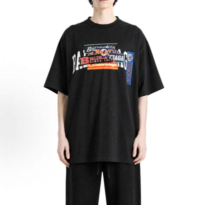 Balenciaga Streetwear Fall/Winter 2026 Round-neck Sticker Pattern Short-Sleeved T-Shirt Regular Fit Men's Style