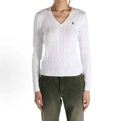 Ralph Lauren Petite Spurs Embroidered Solid Cotton Twill Gathered V-Neck Pullover Long Sleeve Ribbed Hem Skirted Sweater Standard Fit Women's White