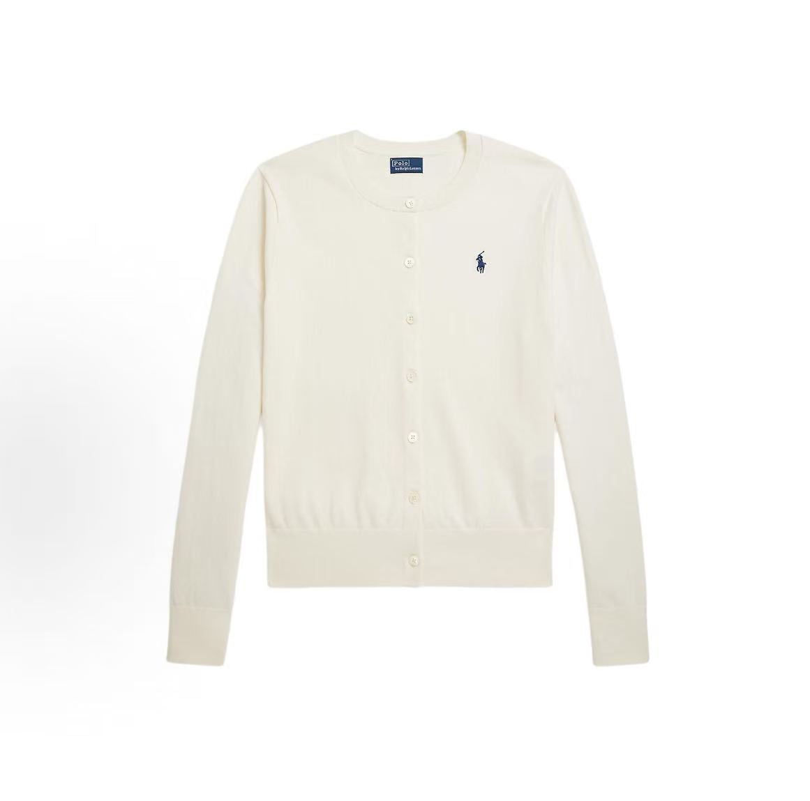 Ralph Lauren Petite Spurs Embroidered Solid Cotton Blend Round Neck Long Sleeve Ribbed Collar Hem Button Front Buttoned Collar Shirt Knit Shirt Form-fitting Women's Style White