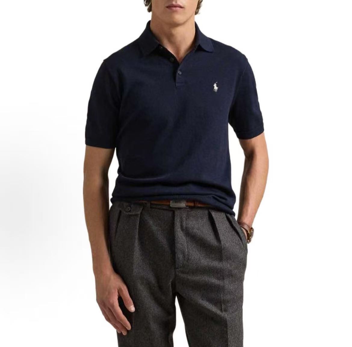 Ralph Lauren FW25 Cotton Buttoned Fine Knit Short-Sleeved Polo Shirt - Standard Fit - Men's - Hunter Navy Blue
