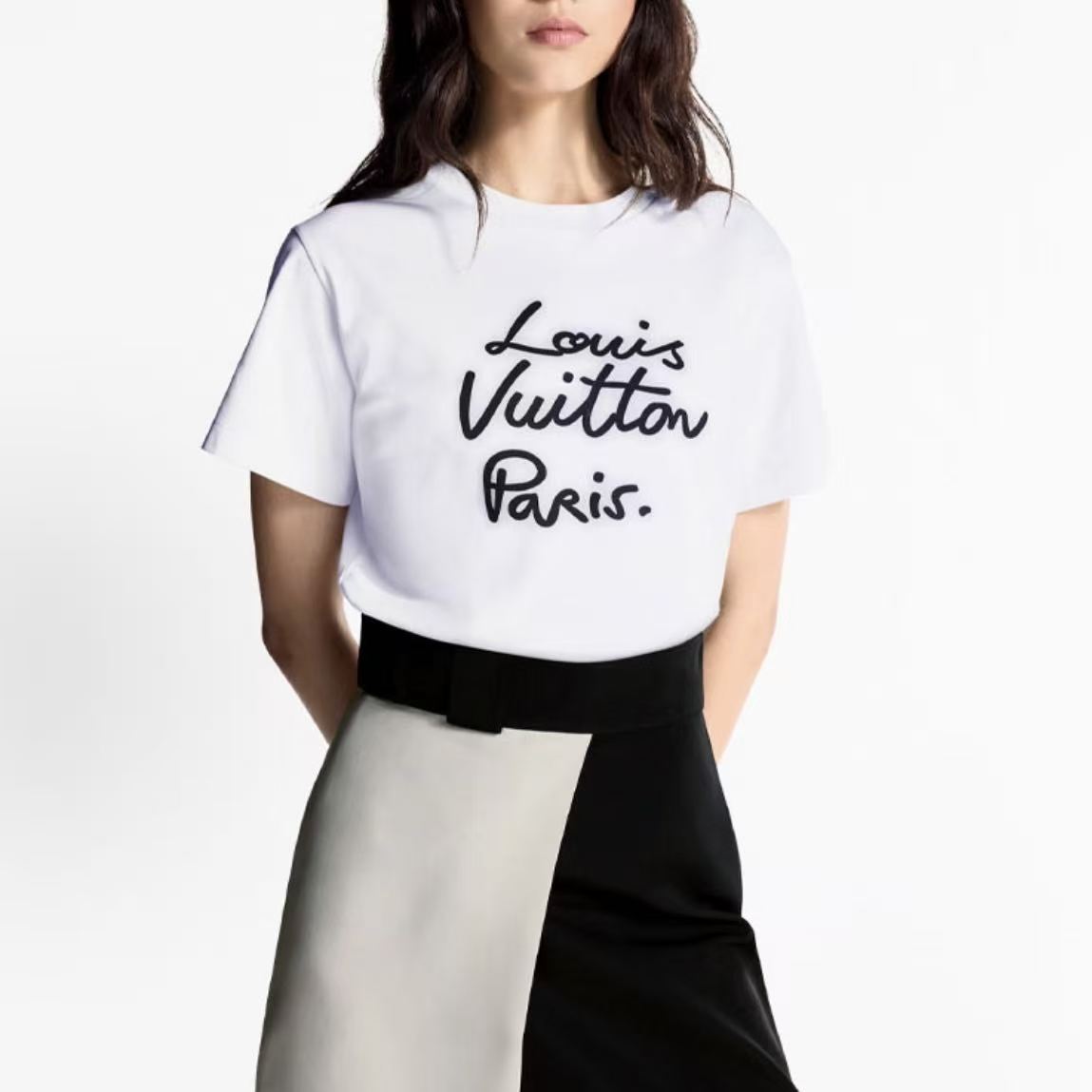 LOUIS VUITTON SS25 Neon Logo Round-neck Short-sleeved T-Shirt for Women - White - Classic Straight Fit Design