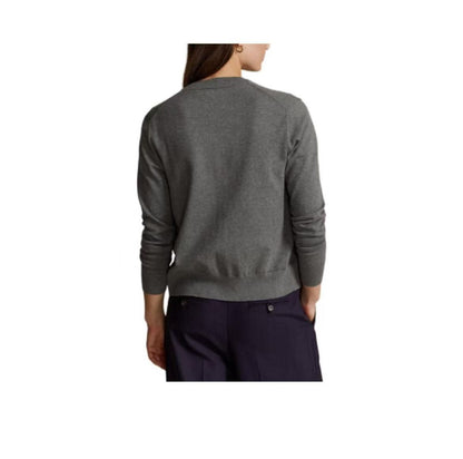 Ralph Lauren Petite Spurs Embroidered Logo Pattern Cotton Blended Ribbed Roundneck Single-Button Long-Sleeved Button-Up Shirt Knit Top Standard Fit Women's Gray