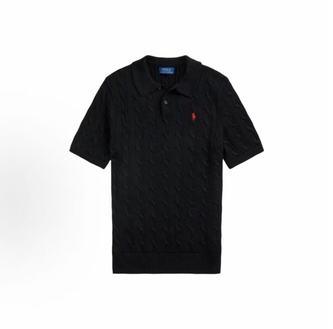 Ralph Lauren SS26 Pony Embroidery Solid Color Cotton Twisted Flower Braided Double Knot Polo Collar Hoodie Short Sleeve Ribbed Bottom Knitted Shirt Standard Edition Men's Polo Black