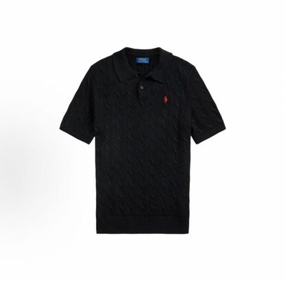 Ralph Lauren SS26 Pony Embroidery Solid Color Cotton Twisted Flower Braided Double Knot Polo Collar Hoodie Short Sleeve Ribbed Bottom Knitted Shirt Standard Edition Men's Polo Black