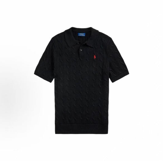 Ralph Lauren SS26 Pony Embroidery Solid Color Cotton Twisted Flower Braided Double Knot Polo Collar Hoodie Short Sleeve Ribbed Bottom Knitted Shirt Standard Edition Men's Polo Black