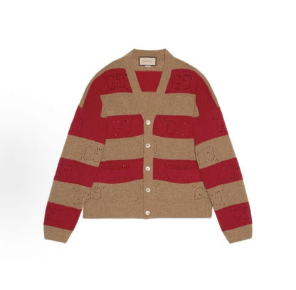 GUCCI 2023 Fall Collection Striped Single-Button Loose-Sleeved Knit Shirt for Men in Beige