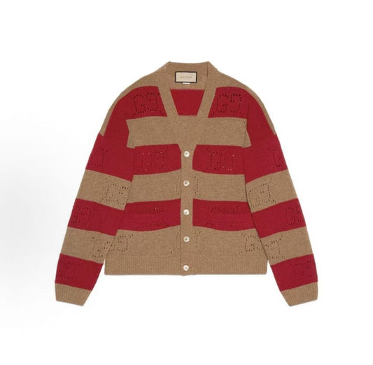 GUCCI 2023 Fall Collection Striped Single-Button Loose-Sleeved Knit Shirt for Men in Beige