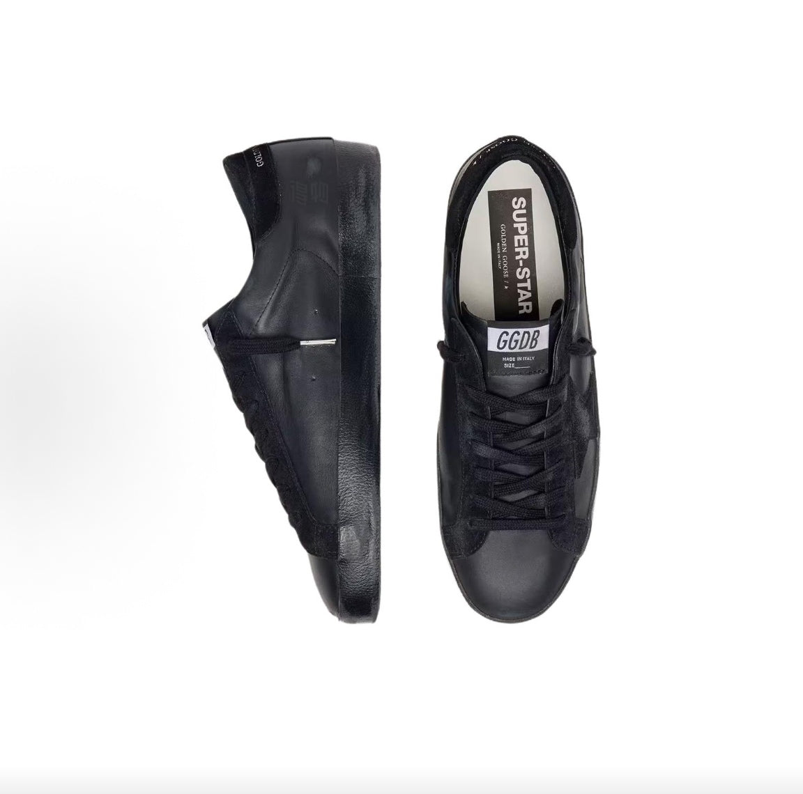 Golden Goose Men's Super-Star Low-Top Sneakers – Black Suede with Star Motif, Round Toe, Lace-Up, and Vintage Finish