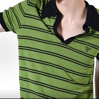 PRADA SS25 Striped Letter Print Cotton Polo Shirt for Men, Green