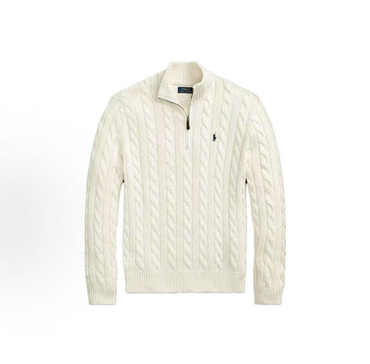 Ralph Lauren Petite Spurs Embroidered Solid Twill Knotted Cotton Half-Collar Quarter-Zip Pullover Long Sleeve Ribbed Hem Men's Sweater Standard Fit