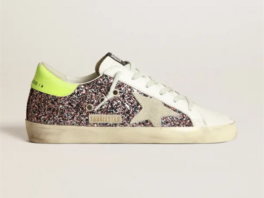 GOLDEN GOOSE Super-Star sneakers in gray and pink glitter with ice-gray suede star and fluorescent yellow leather