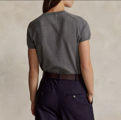Ralph Lauren SS23 Small Horse Logo Embroidered Cotton Blend Ribbed Roundneck Pullover Short Sleeve Knit Shirt Loose Fit Women's Grey