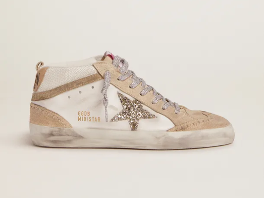 حذاء سنيكرز "Mid Star LTD" من GOLDEN GOOSE بنجمة لامعة خضراء فاتحة وتطعيم جلدي بطبعة جلد الثعبان
