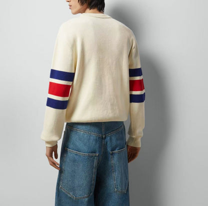 GUCCI - Chinese New Year SS24 - Letter Logo Striped Embroidered Round-neck Long-sleeved Knit Shirt for Men - Ivory White