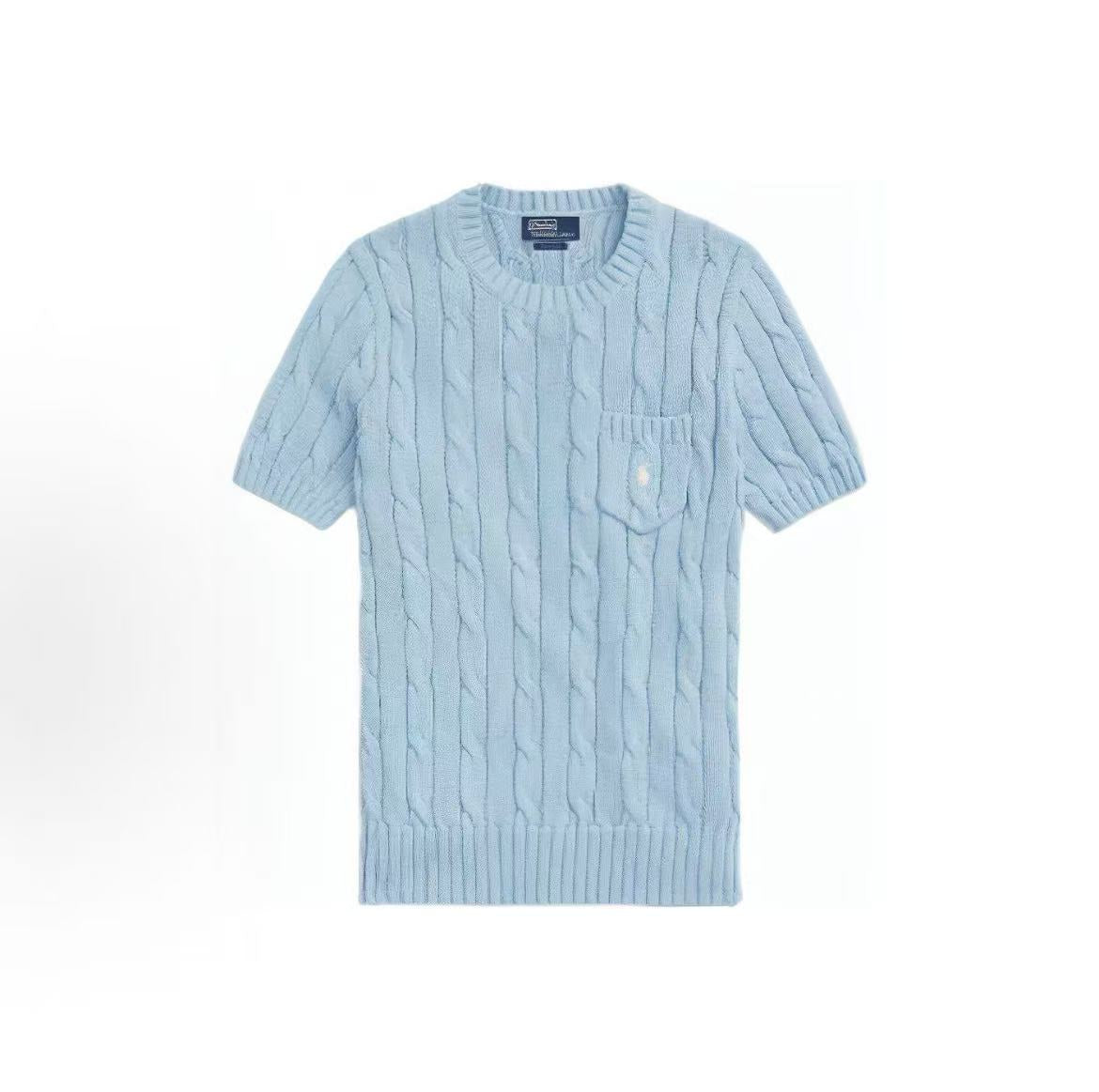 Ralph Lauren SS23 Solid-color Logo Twisted Knit Short-Sleeve Sweater - Form-fitting Style - Women's - Blue