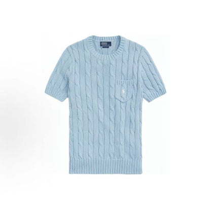 Ralph Lauren SS23 Solid-color Logo Twisted Knit Short-Sleeve Sweater - Form-fitting Style - Women's - Blue