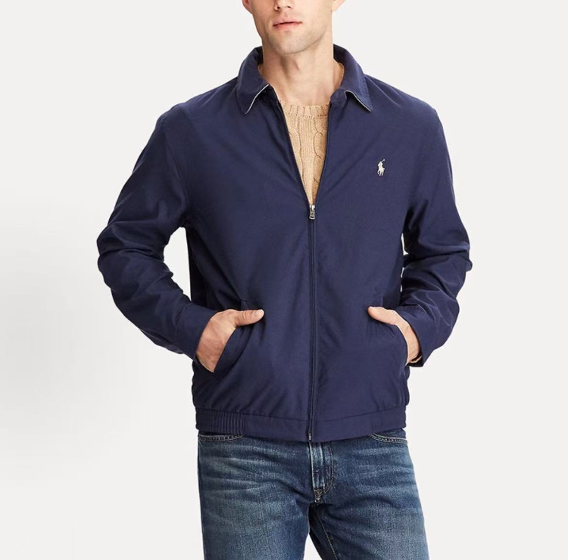 Ralph Lauren SS21 Solid-color Logo Embroidered Collar Zippered Long-Sleeved Jacket Coat - Standard Fit - Men's - Navy Blue
