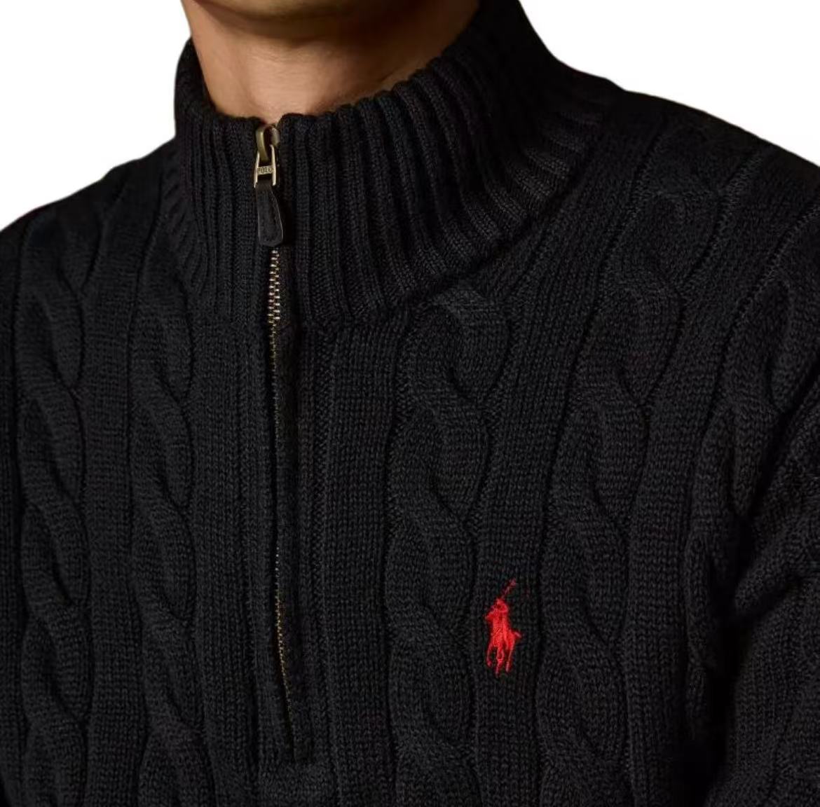 Ralph Lauren Petite Spurs Embroidered Solid Twill Knotted Cotton Half-Neckline Quarter-Zip Pullover Long Sleeve Ribbed Hem Men's Sweater Standard Fit Black